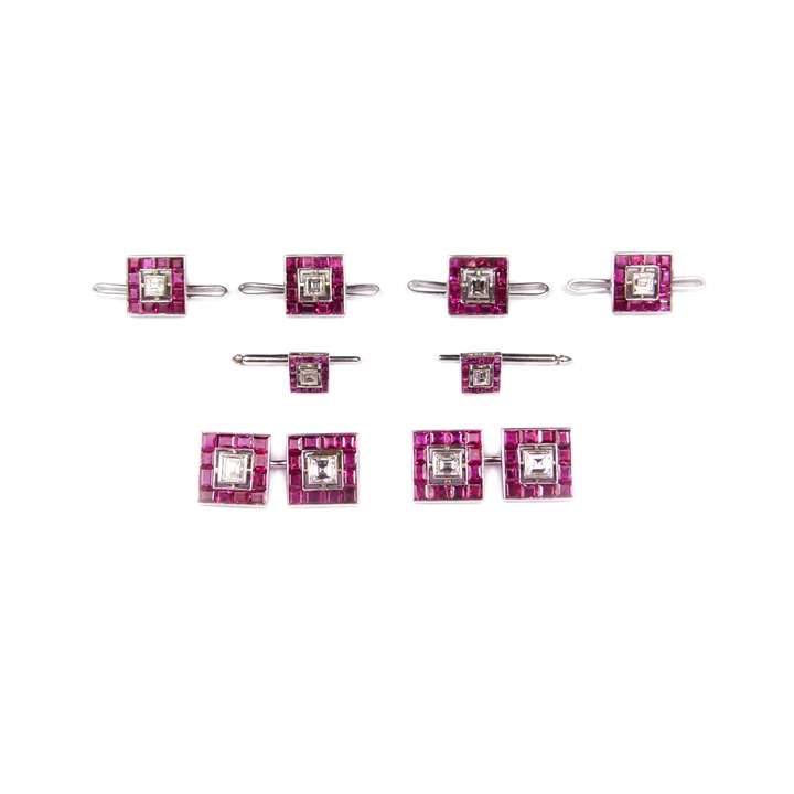 Ruby and diamond square panel gentleman's dress set, comprising a pair of cufflinks, four buttons and two studs